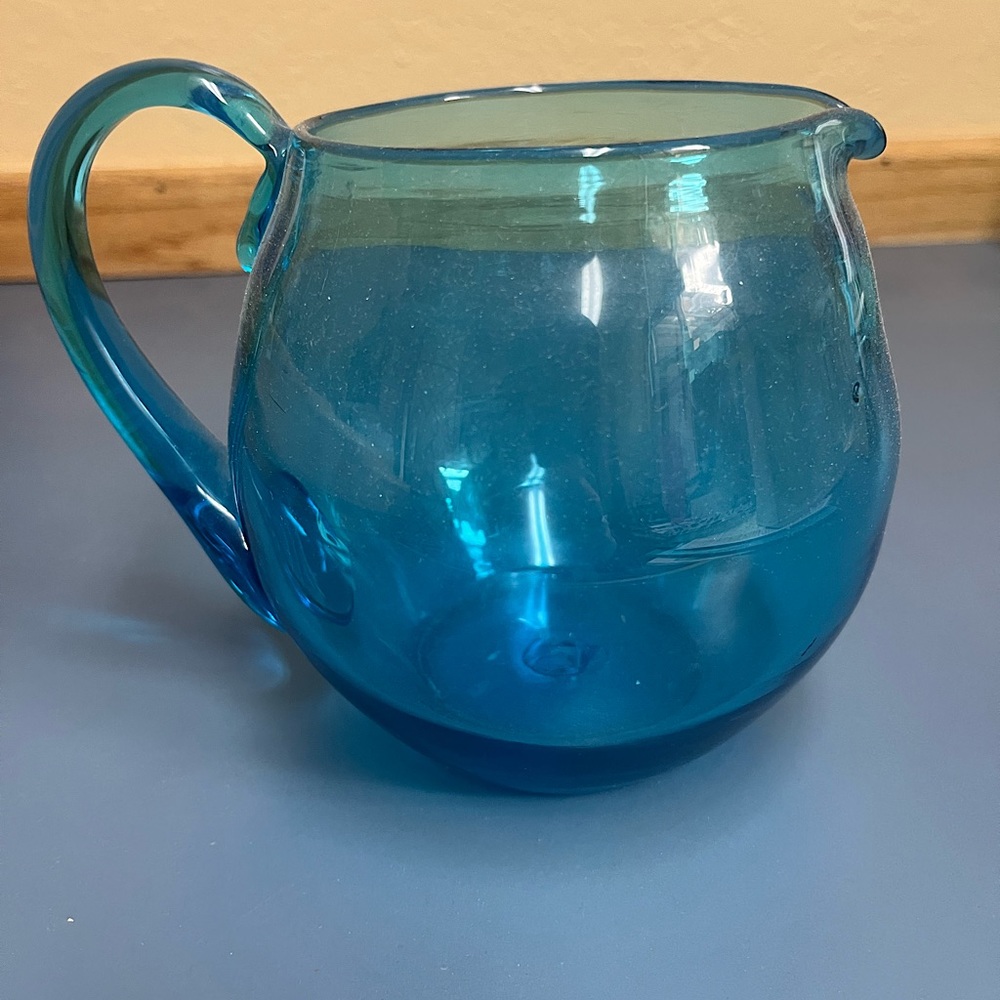 Blenko Art Glass Pitcher Blue Hand Blown Vintage